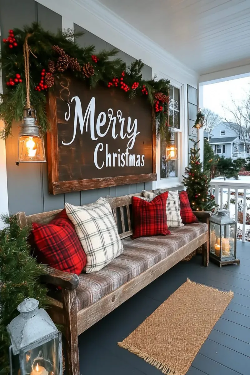 hanging rustic wooden sign with “merry christmas” and pinecone garland. 1