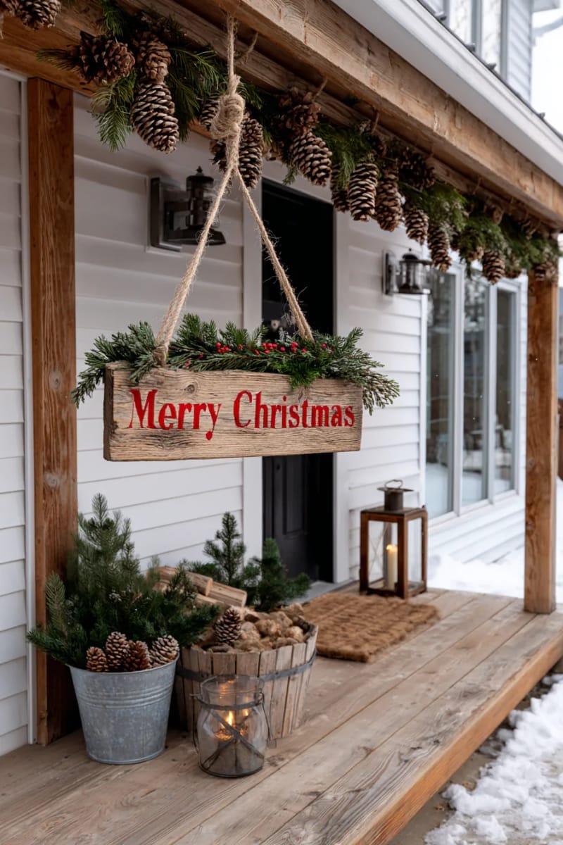 hanging rustic wooden sign with “merry christmas” and pinecone garland. 1