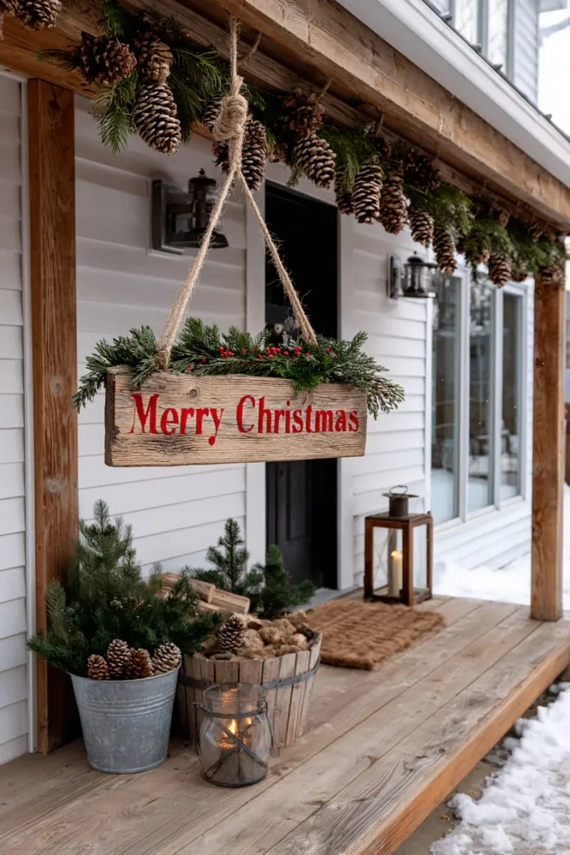 hanging rustic wooden sign with “merry christmas” and pinecone garland. 1