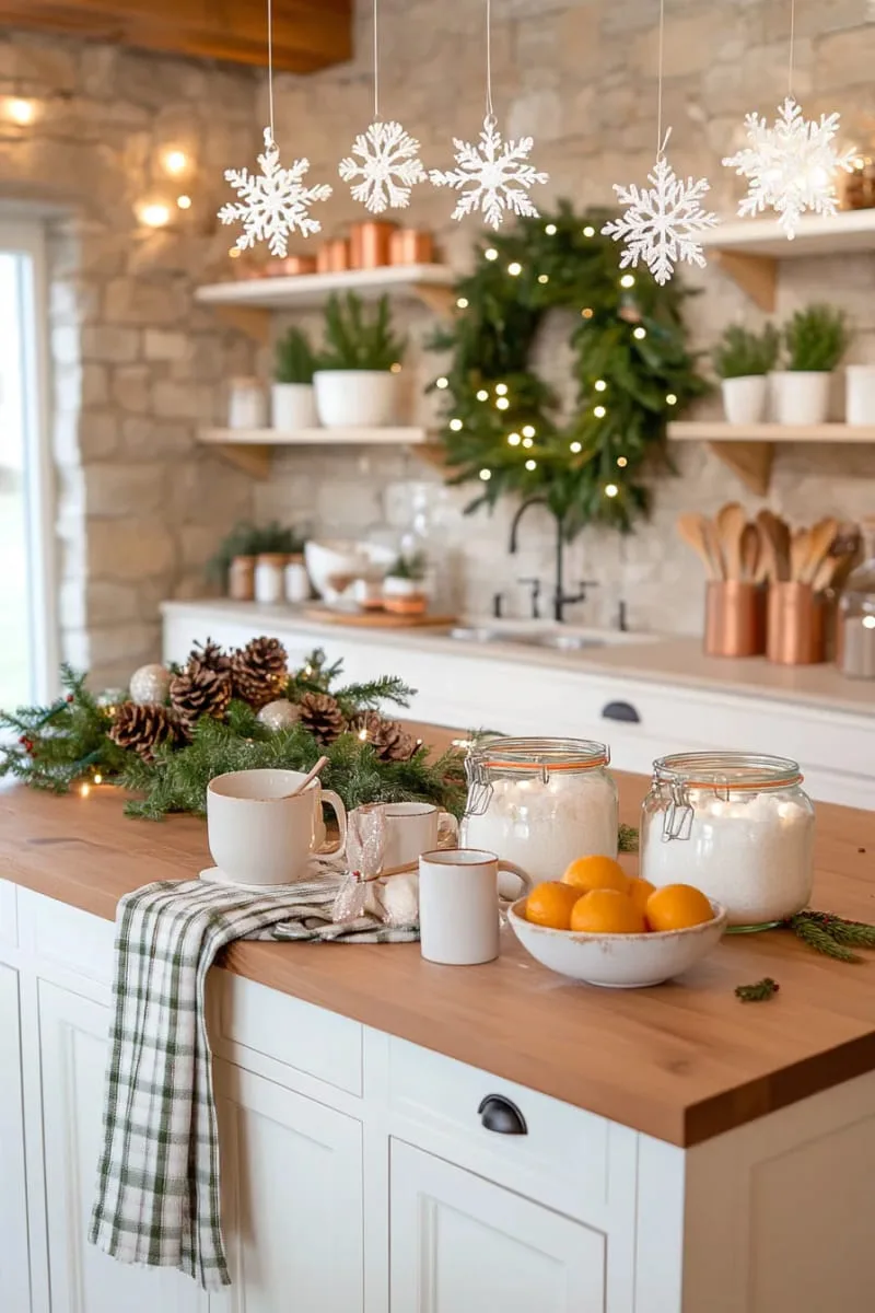 29 Creative Christmas Kitchen Decor Ideas You'll Absolutely Love 18 hanging snowflake ornaments above the kitchen island 1