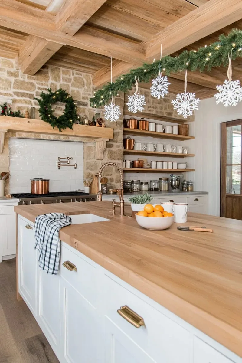 29 Creative Christmas Kitchen Decor Ideas You'll Absolutely Love 20 hanging snowflake ornaments above the kitchen island 1
