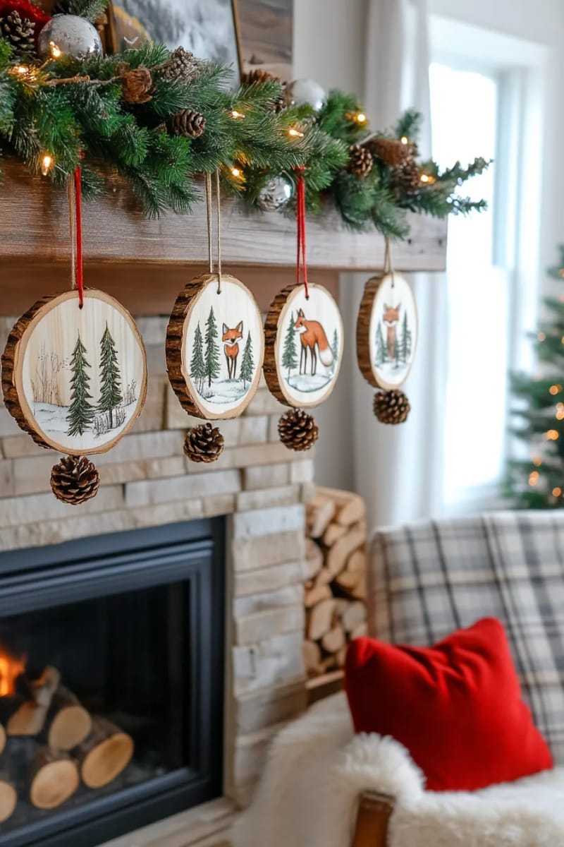 23 Woodsy Christmas Decor Ideas for a Rustic, Cabin-Cozy Holiday 21 hanging wood slice ornaments painted with wintry woodland scenes 1