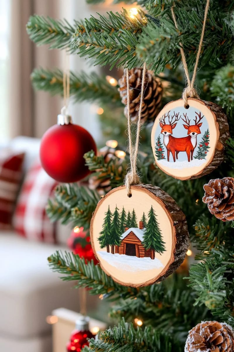 23 Woodsy Christmas Decor Ideas for a Rustic, Cabin-Cozy Holiday 22 hanging wood slice ornaments painted with wintry woodland scenes 1