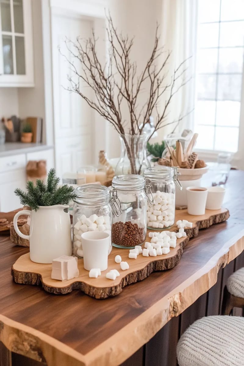 25 Gorgeous Winter Decor Ideas (Not Christmas) for a Serene Home 50 hot cocoa bar with mugs, marshmallows, and wood slice trays 1