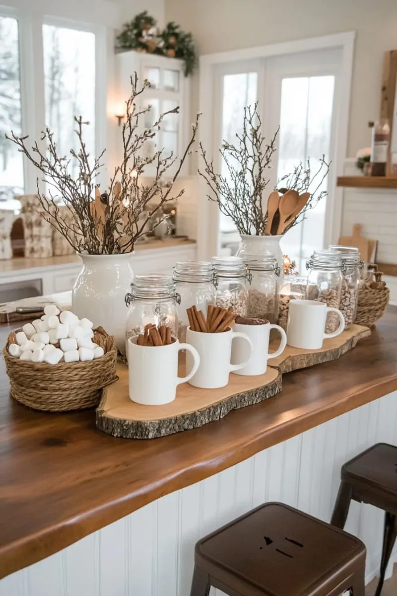 hot cocoa bar with mugs, marshmallows, and wood slice trays 1