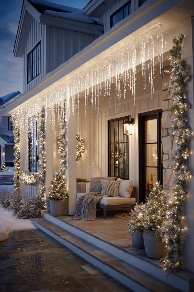 icicle lights cascading from porch eaves with frosted pine garlands 1