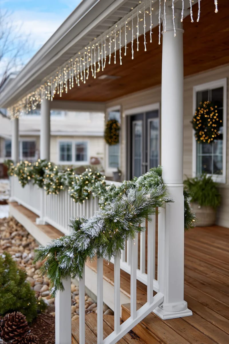 icicle lights cascading from porch eaves with frosted pine garlands 1