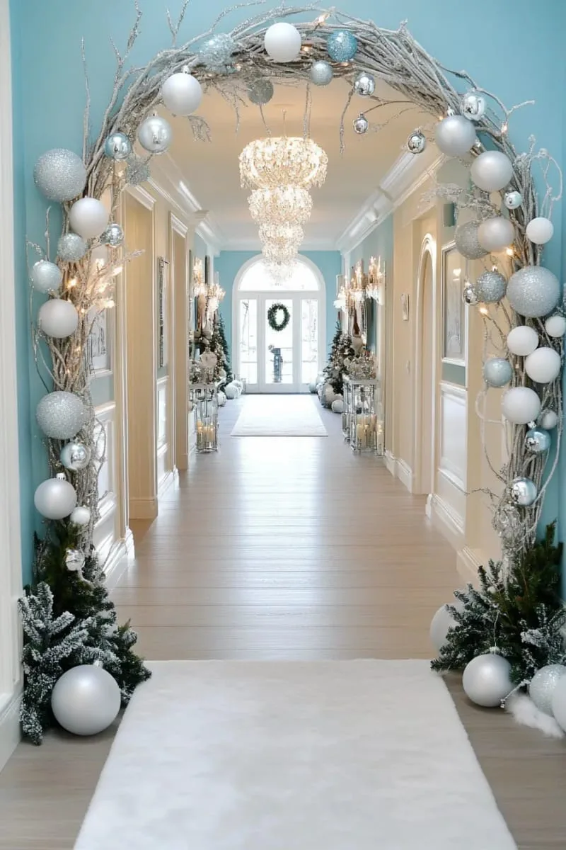 icy blue and silver hallway lined with frosted branches 1