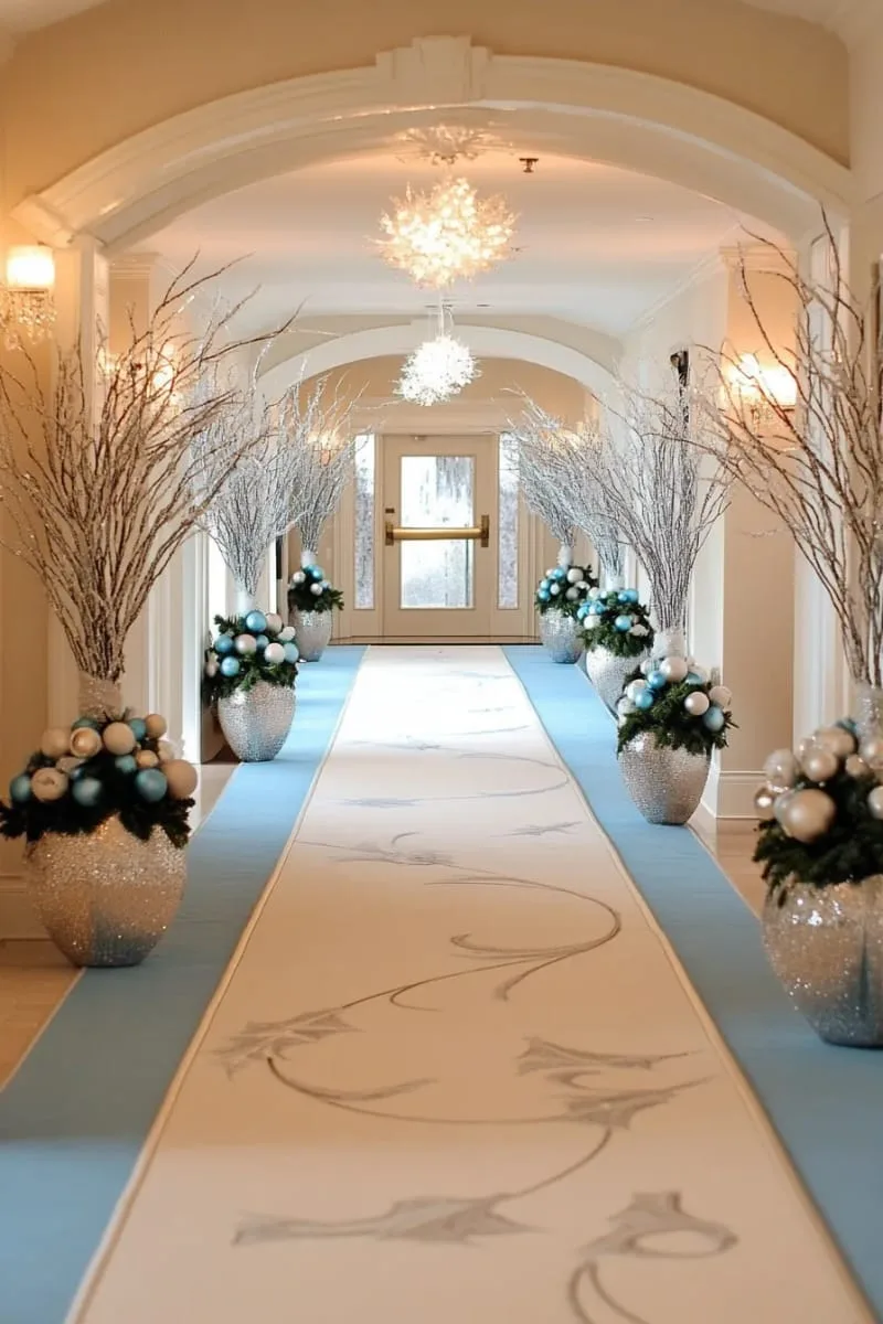 icy blue and silver hallway lined with frosted branches 1
