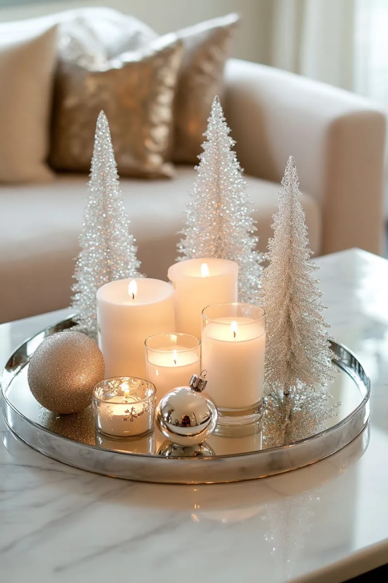 25 New Gorgeous White Christmas Decor Ideas That Wow 6 icy crystal trees clustered on a mirrored tray with shimmering candles 1
