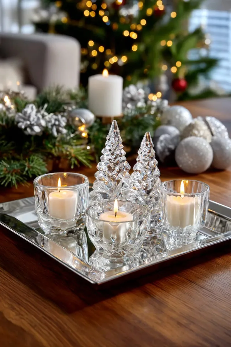 25 New Gorgeous White Christmas Decor Ideas That Wow 6 icy crystal trees clustered on a mirrored tray with shimmering candles 1