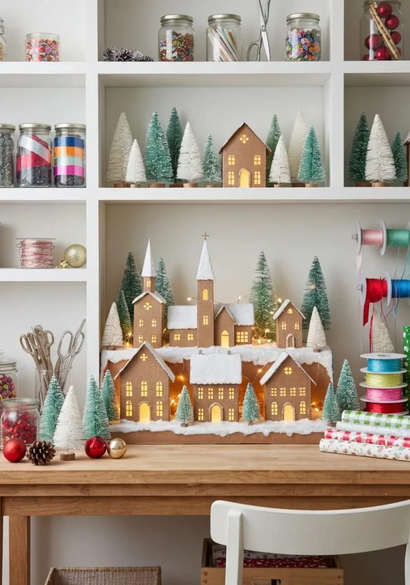 illuminated cardboard christmas village display on your craft table or shelves 1