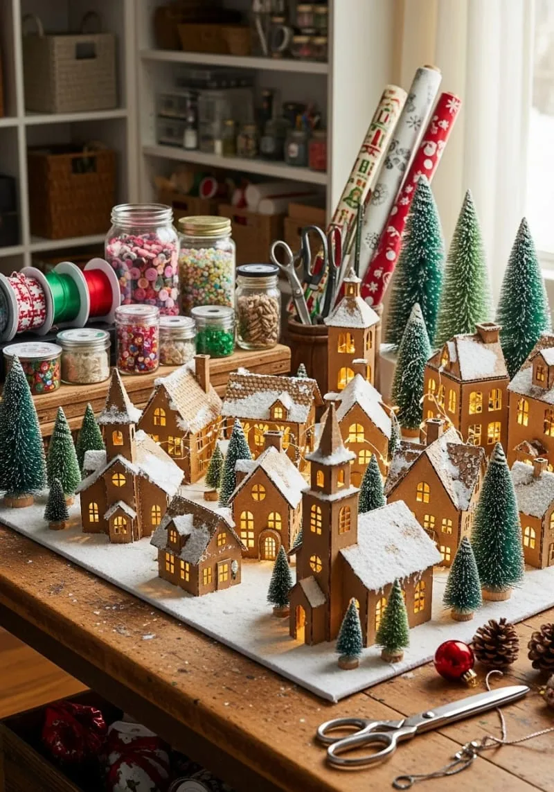 illuminated cardboard christmas village display on your craft table or shelves 1