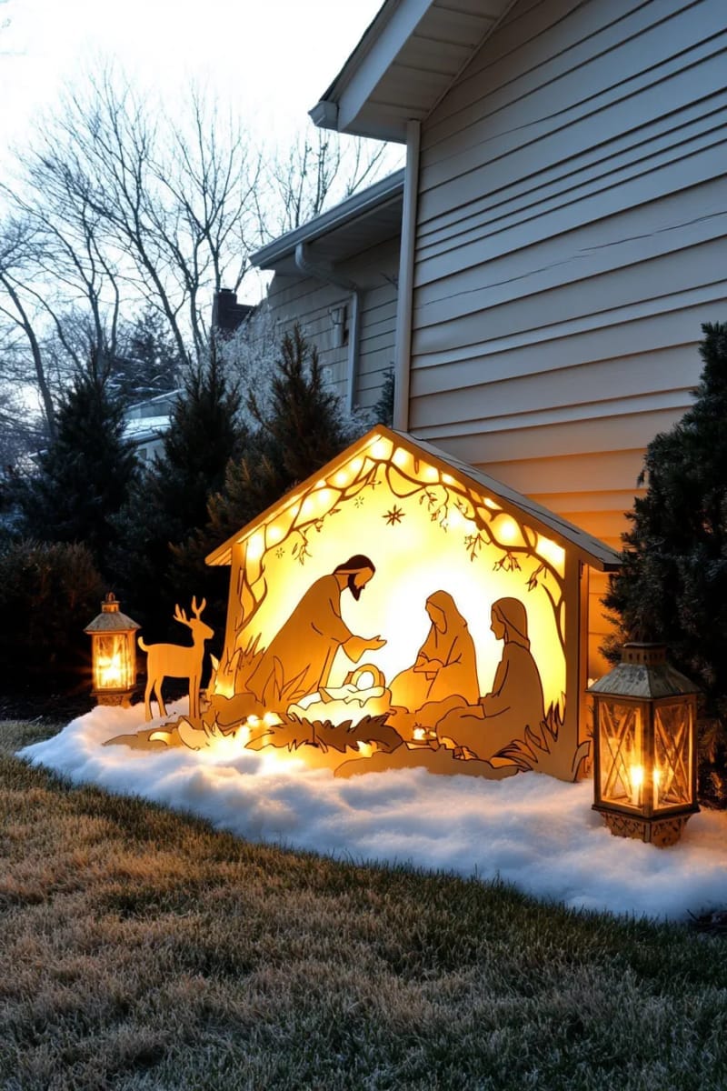 illuminated nativity silhouette scene with plywood cutouts and subtle backlighting 1