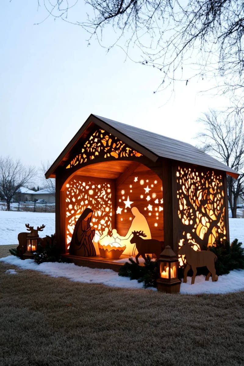 illuminated nativity silhouette scene with plywood cutouts and subtle backlighting 1