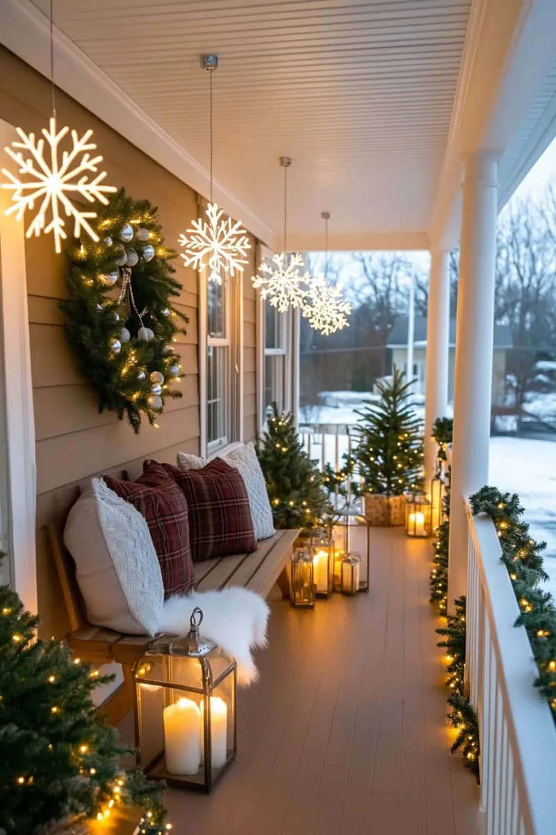 illuminated snowflake cutouts hanging from the entry porch ceiling 1