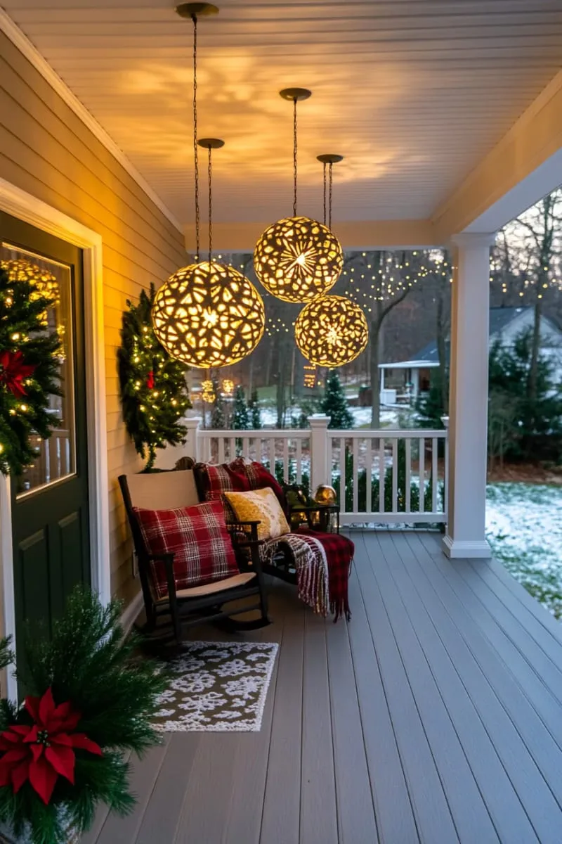 illuminated snowflake cutouts hanging from the entry porch ceiling 1