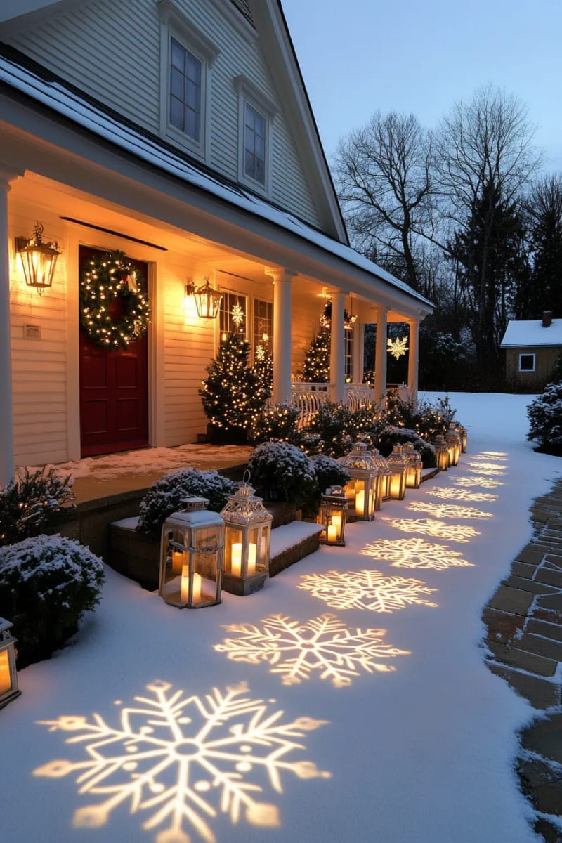 illuminated snowflake projections dancing across the front of the house 1