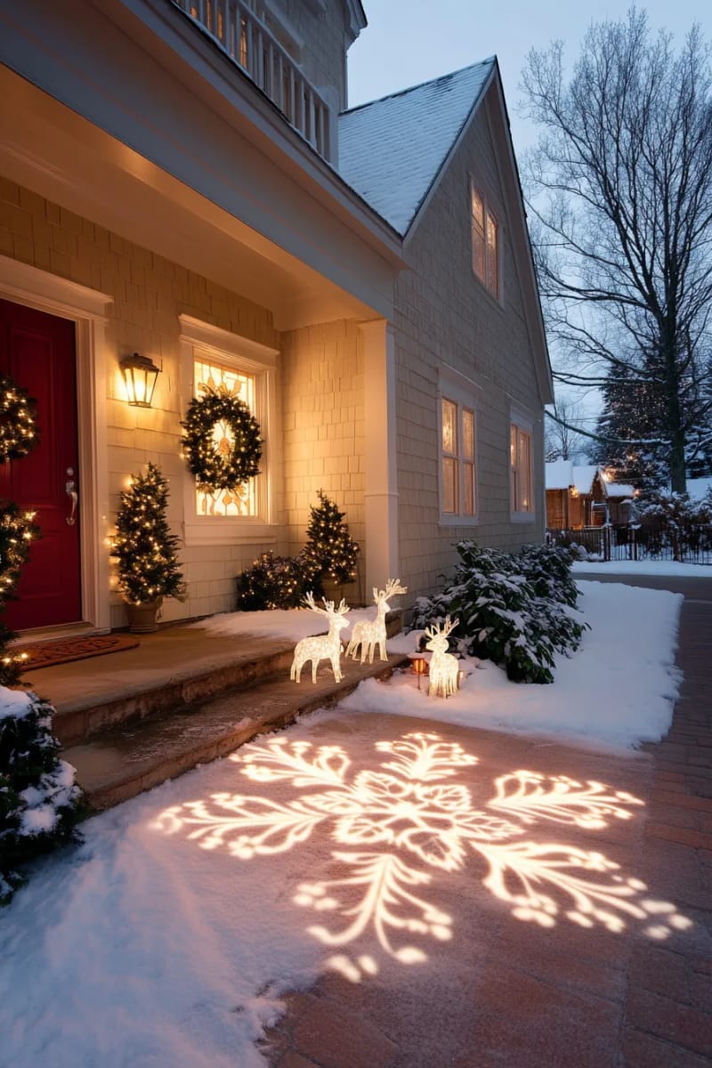 illuminated snowflake projections dancing across the front of the house 1