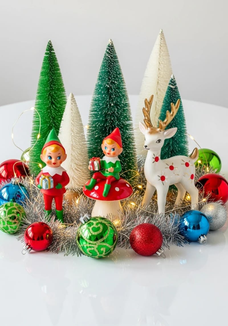 23 Kitsch Christmas Decor Ideas Full of Color, Whimsy, and Cheer 31 kitsch ceramic deer and pixie elves nestled in a tinsel centerpiece 1