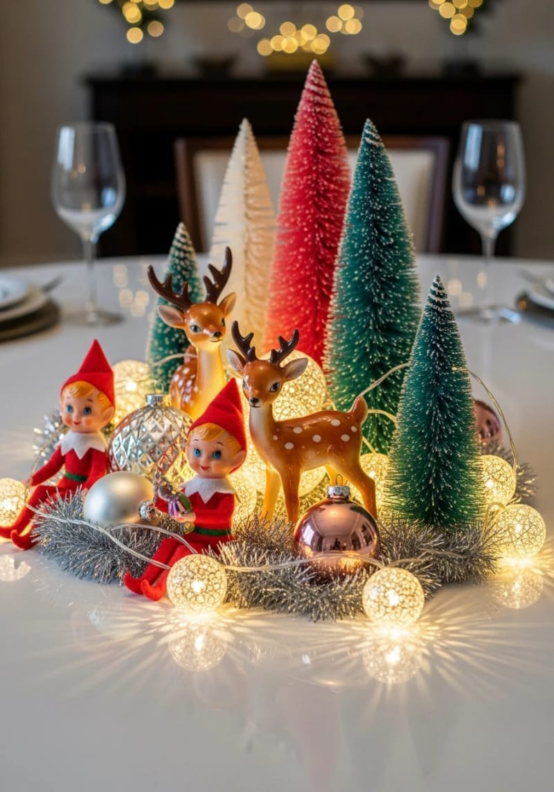 23 Kitsch Christmas Decor Ideas Full of Color, Whimsy, and Cheer 32 kitsch ceramic deer and pixie elves nestled in a tinsel centerpiece 1