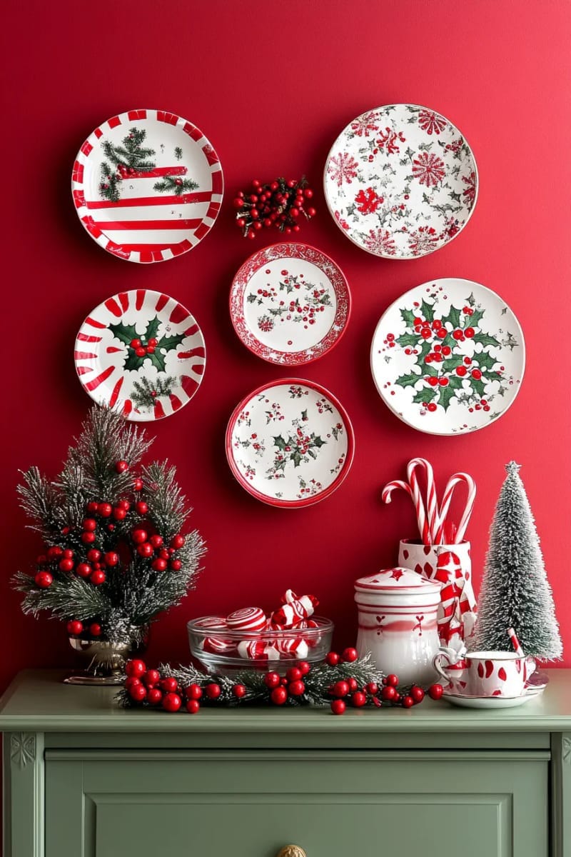 23 Kitsch Christmas Decor Ideas Full of Color, Whimsy, and Cheer 48 kitschy christmas plate wall art with candy cane and holly motifs 1