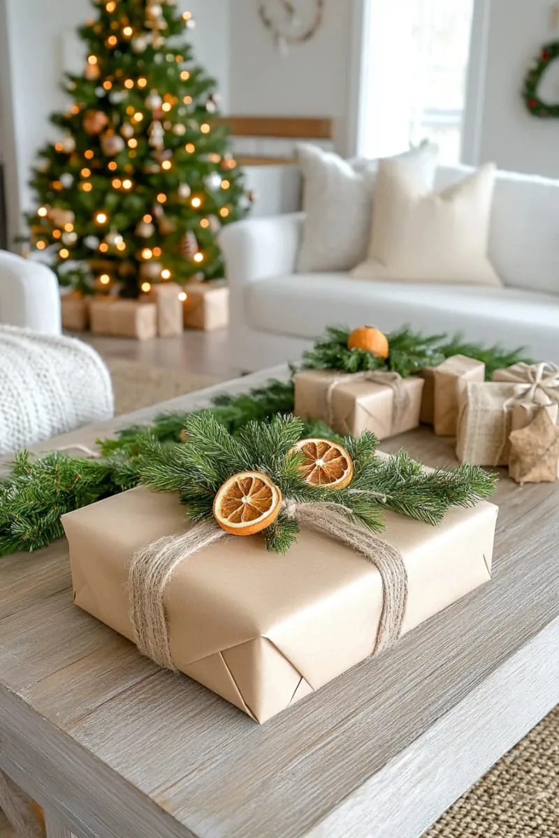 kraft paper wrapped gifts with jute string and pine sprigs 1