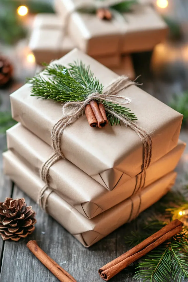 kraft paper wrapped gifts with jute string and pine sprigs 1