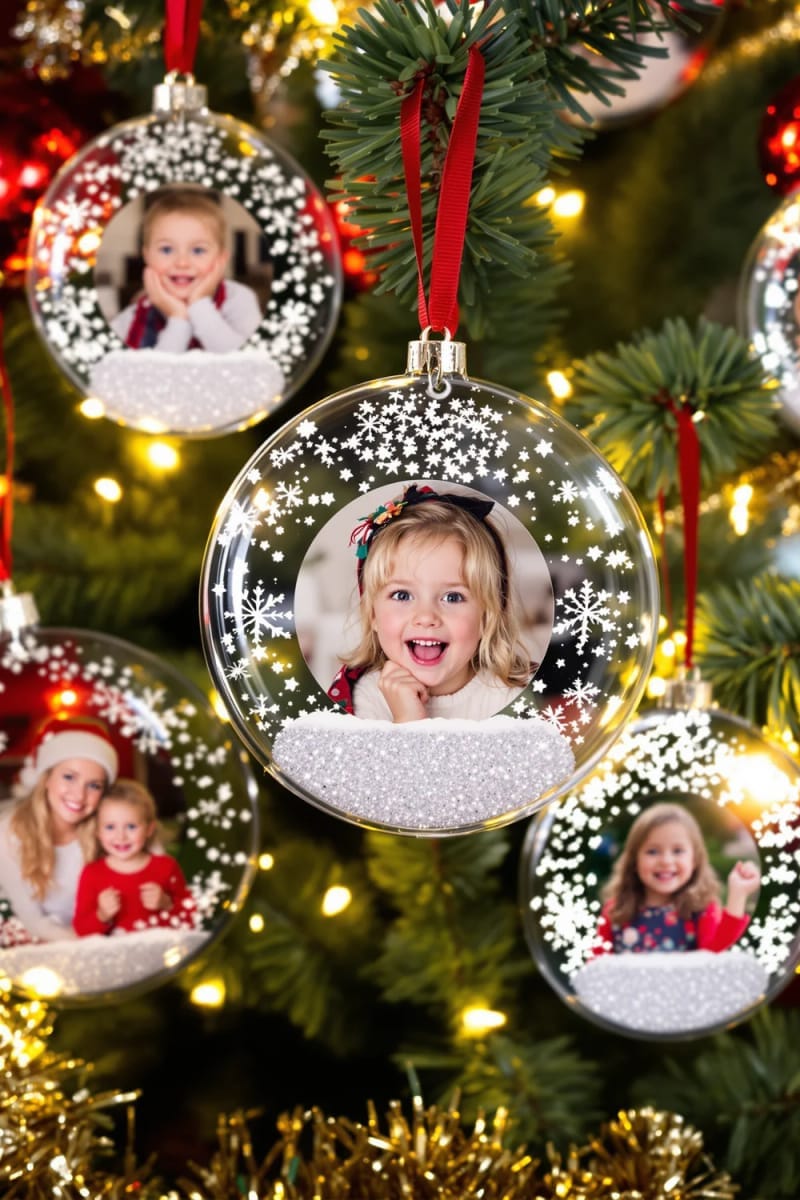 laminated snowglobe ornaments with personal kid photos inside glittery snow 1