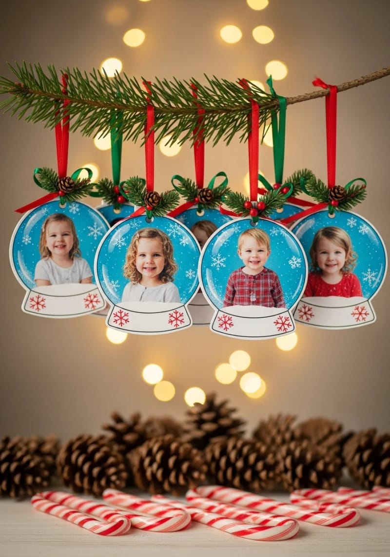 laminated snowglobe ornaments with personal kid photos inside glittery snow 1