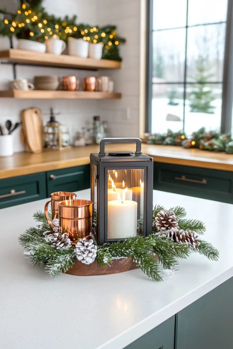 23 Christmas Countertop Decor Ideas Guests Can’t Stop Talking About 60 lantern centerpiece with led candles and snow-dusted pine accents 1
