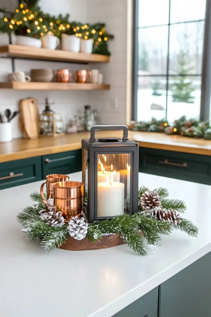 23 Christmas Countertop Decor Ideas Guests Can’t Stop Talking About 97 lantern centerpiece with led candles and snow-dusted pine accents 1