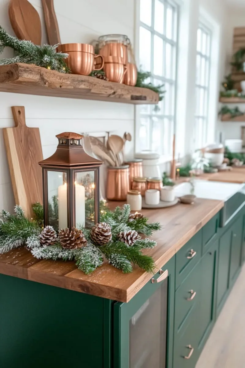 23 Christmas Countertop Decor Ideas Guests Can’t Stop Talking About 98 lantern centerpiece with led candles and snow-dusted pine accents 1