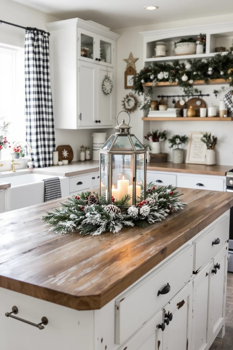 23 Christmas Countertop Decor Ideas Guests Can’t Stop Talking About 62 lantern centerpiece with led candles and snow-dusted pine accents 1