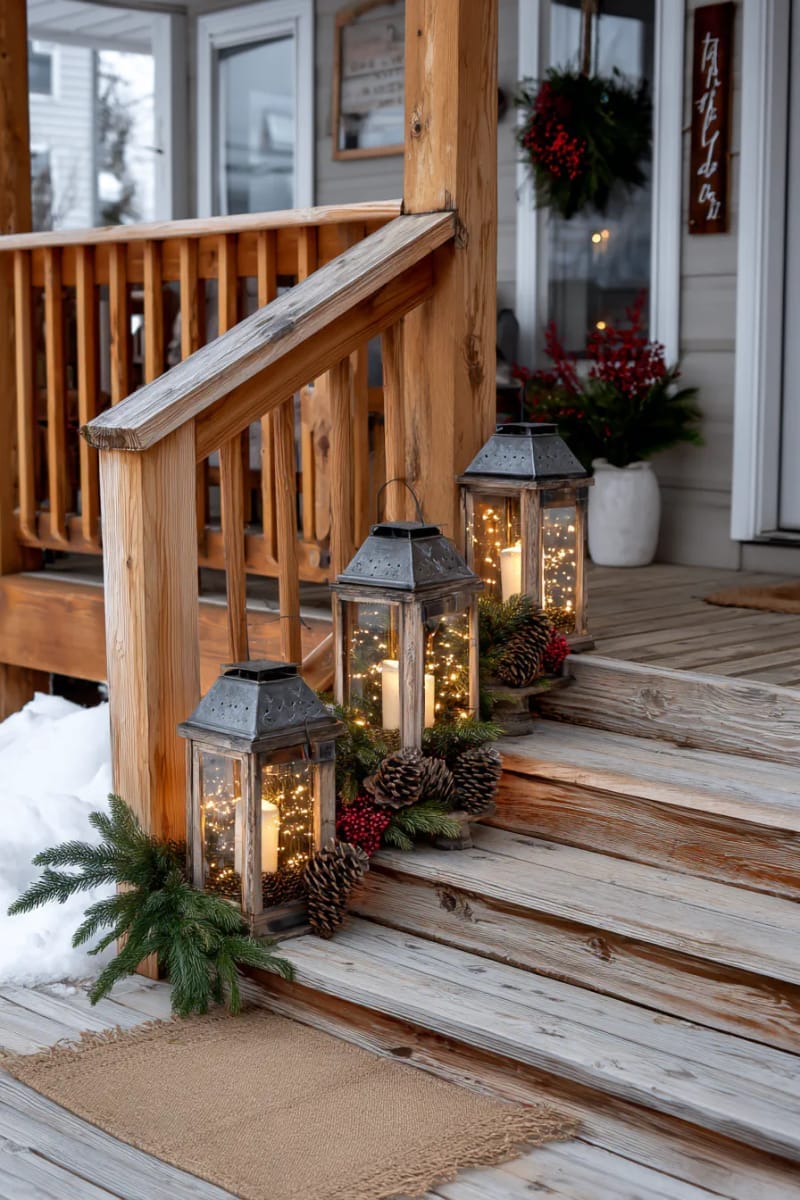lanterns filled with fairy lights and pinecones lining the steps. 1