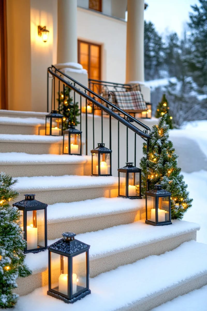 lanterns filled with fairy lights lining a snowy outdoor staircase 1