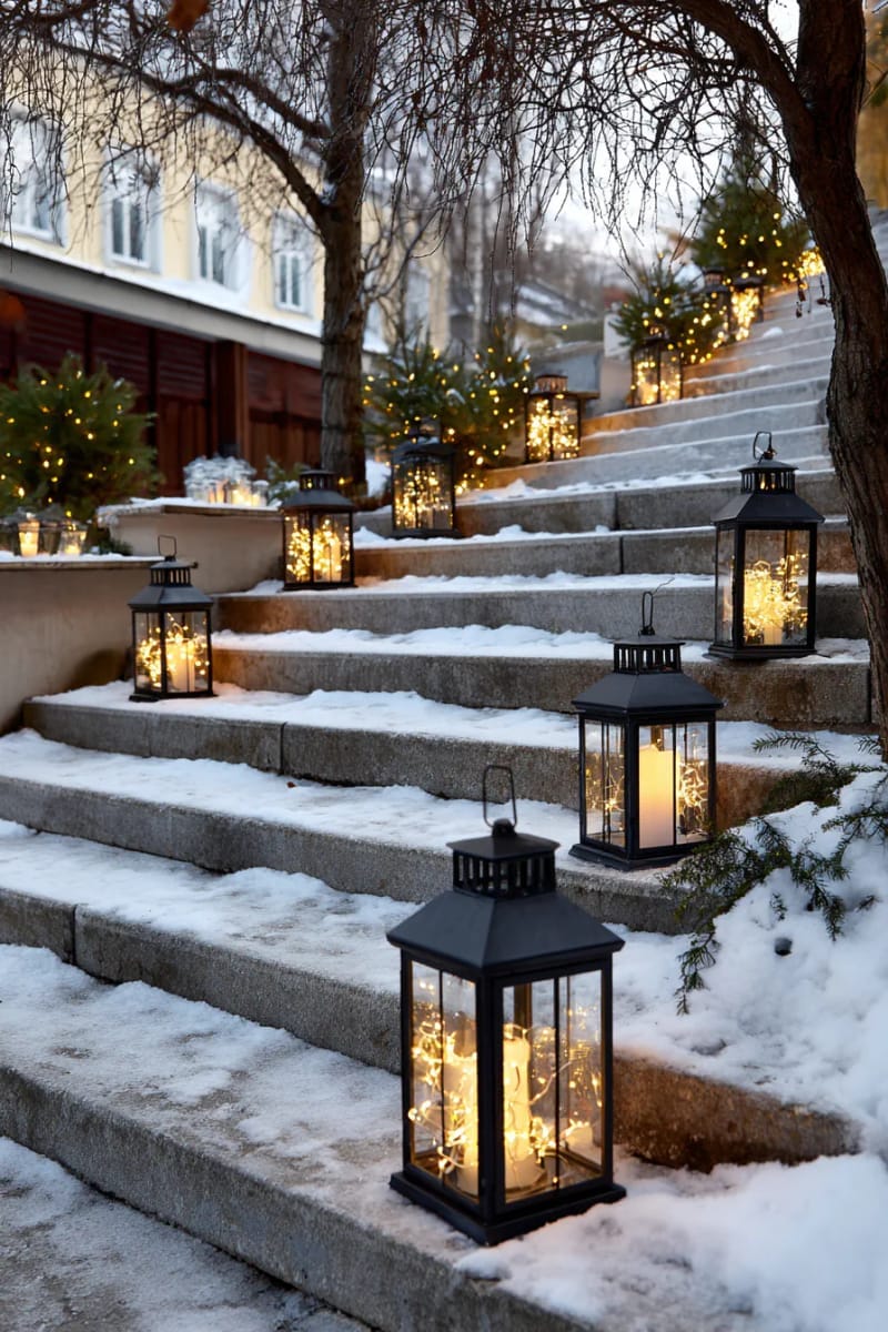 lanterns filled with fairy lights lining a snowy outdoor staircase 1