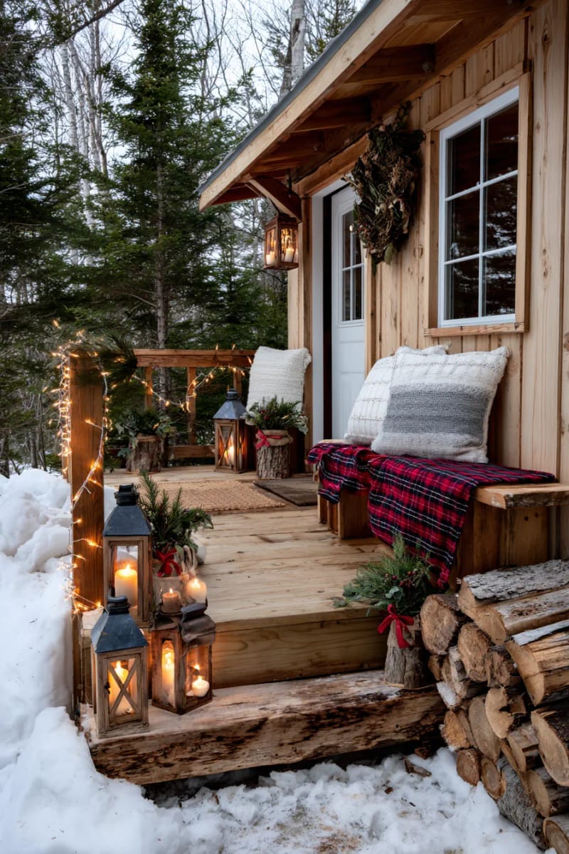 23 Woodsy Christmas Decor Ideas for a Rustic, Cabin-Cozy Holiday 47 lanterns filled with pinecones, holly, and battery candles for porch decor 1