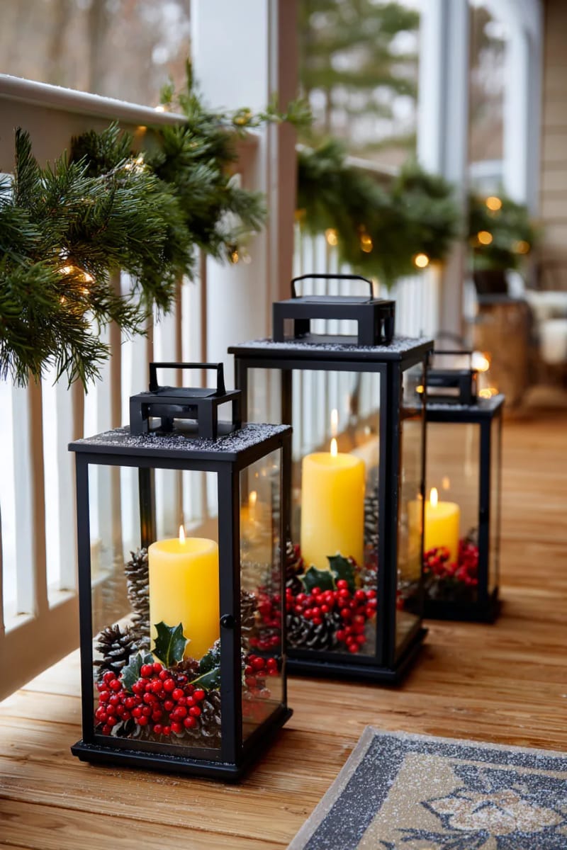 23 Woodsy Christmas Decor Ideas for a Rustic, Cabin-Cozy Holiday 48 lanterns filled with pinecones, holly, and battery candles for porch decor 1