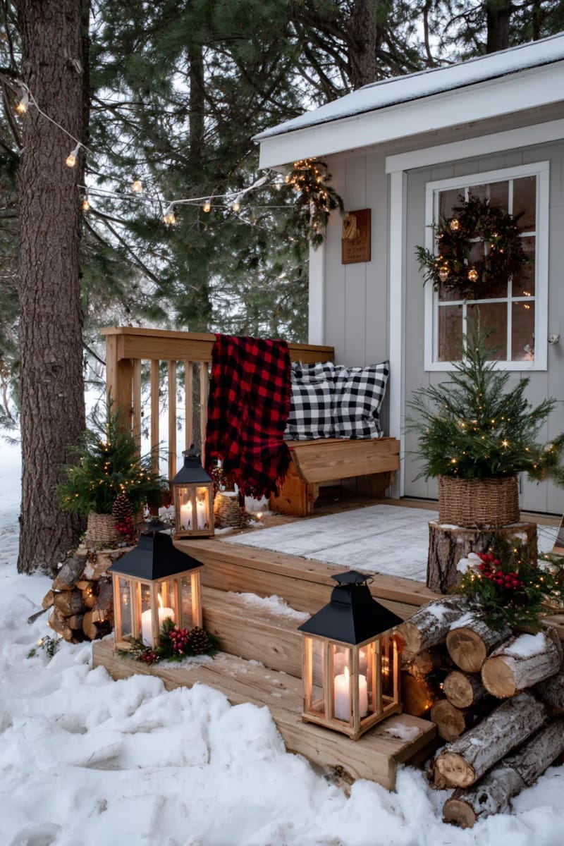 23 Woodsy Christmas Decor Ideas for a Rustic, Cabin-Cozy Holiday 50 lanterns filled with pinecones, holly, and battery candles for porch decor 1