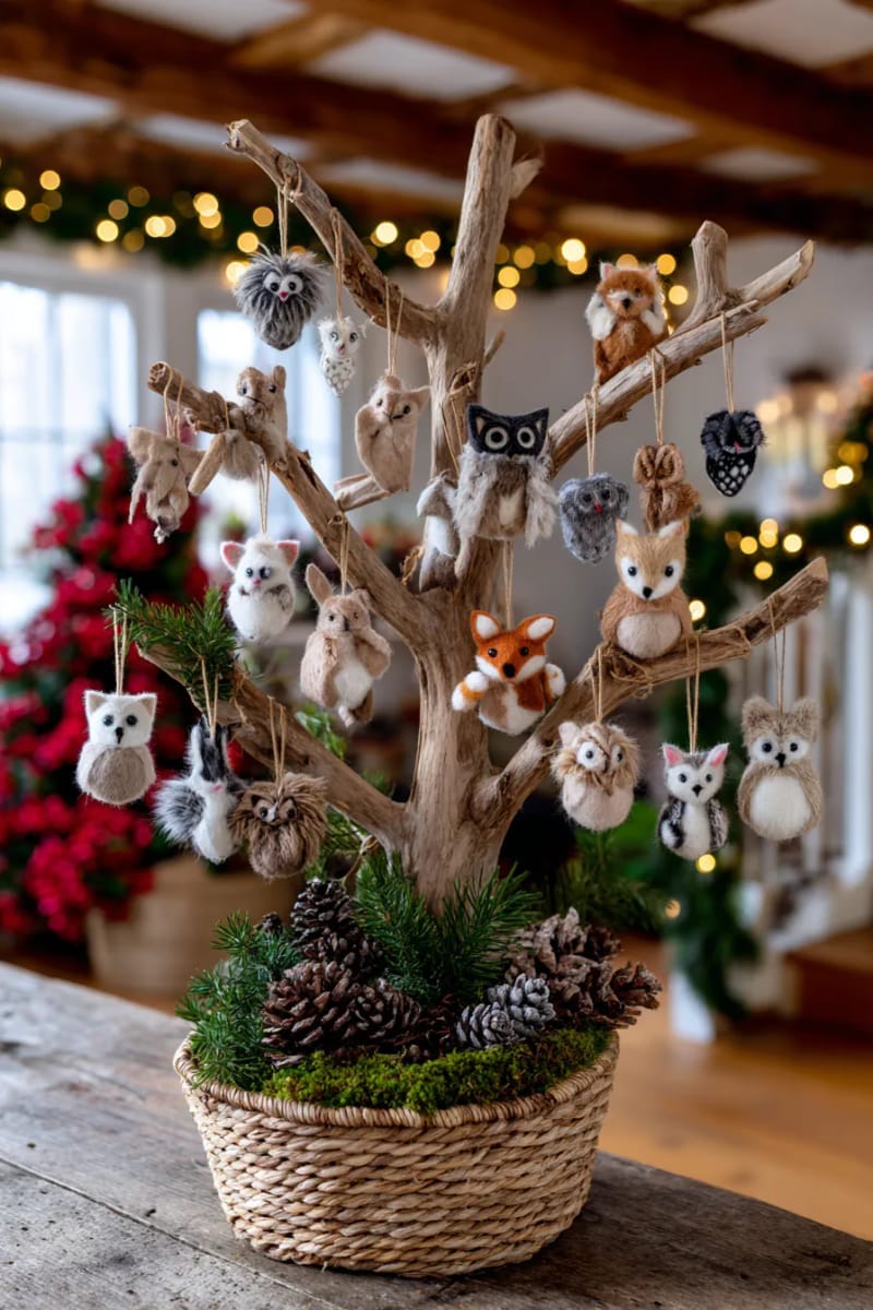 large branch tree decorated with handmade woodland animal ornaments 1