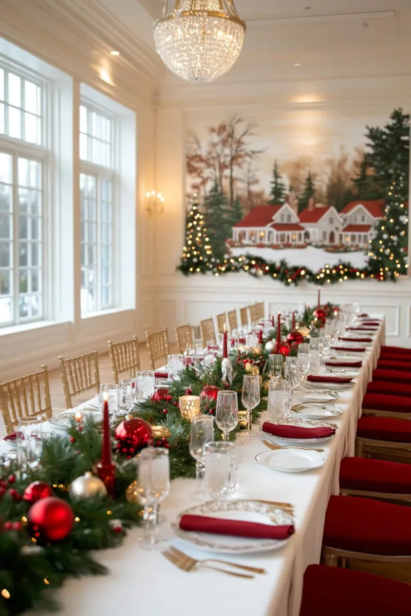 large snowy village mural as a whimsical wall backdrop for parties 1