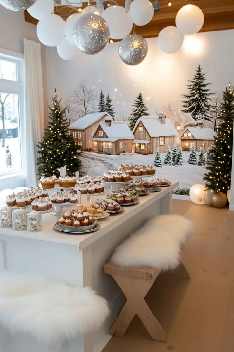 large snowy village mural as a whimsical wall backdrop for parties 1