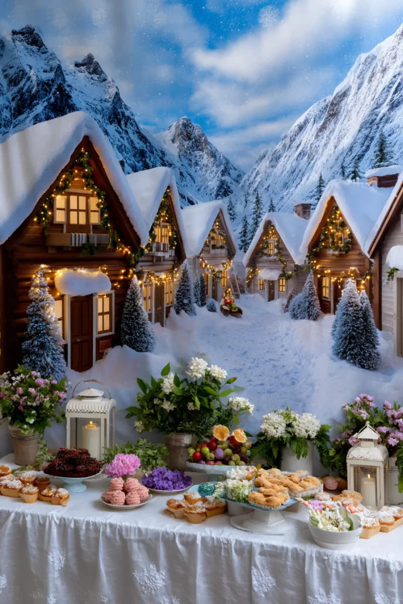 large snowy village mural as a whimsical wall backdrop for parties 1