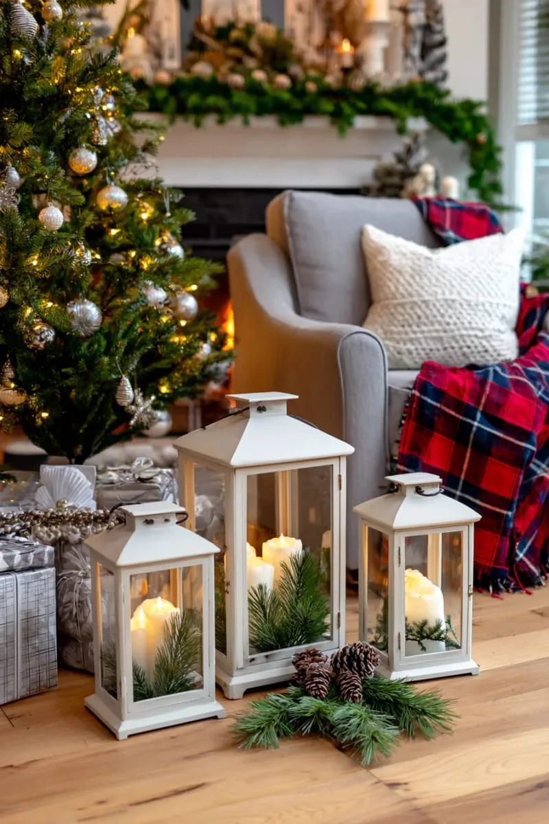 25 New Gorgeous White Christmas Decor Ideas That Wow 43 large white lanterns filled with led candles and pine sprigs 1
