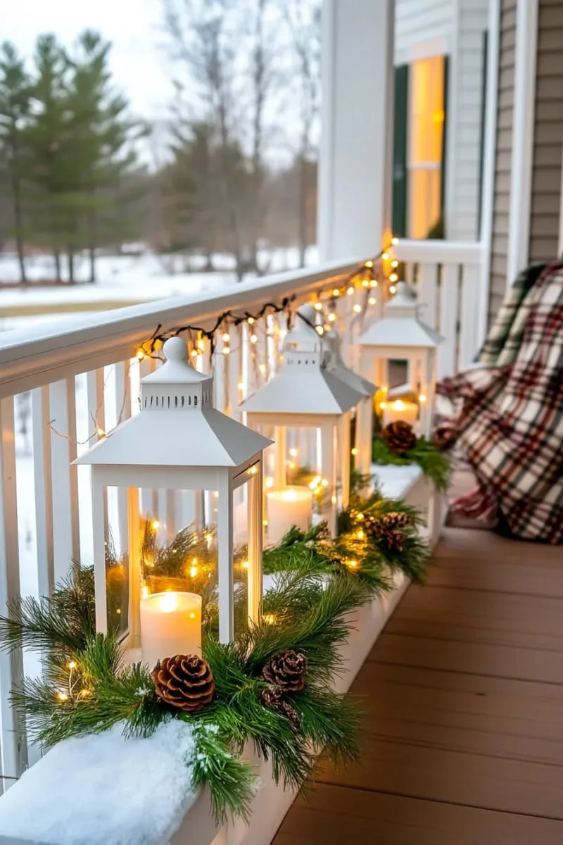 25 New Gorgeous White Christmas Decor Ideas That Wow 44 large white lanterns filled with led candles and pine sprigs 1