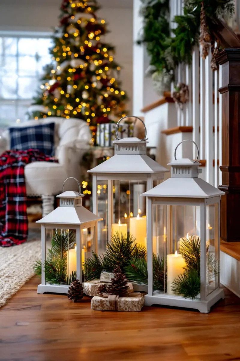 25 New Gorgeous White Christmas Decor Ideas That Wow 45 large white lanterns filled with led candles and pine sprigs 1
