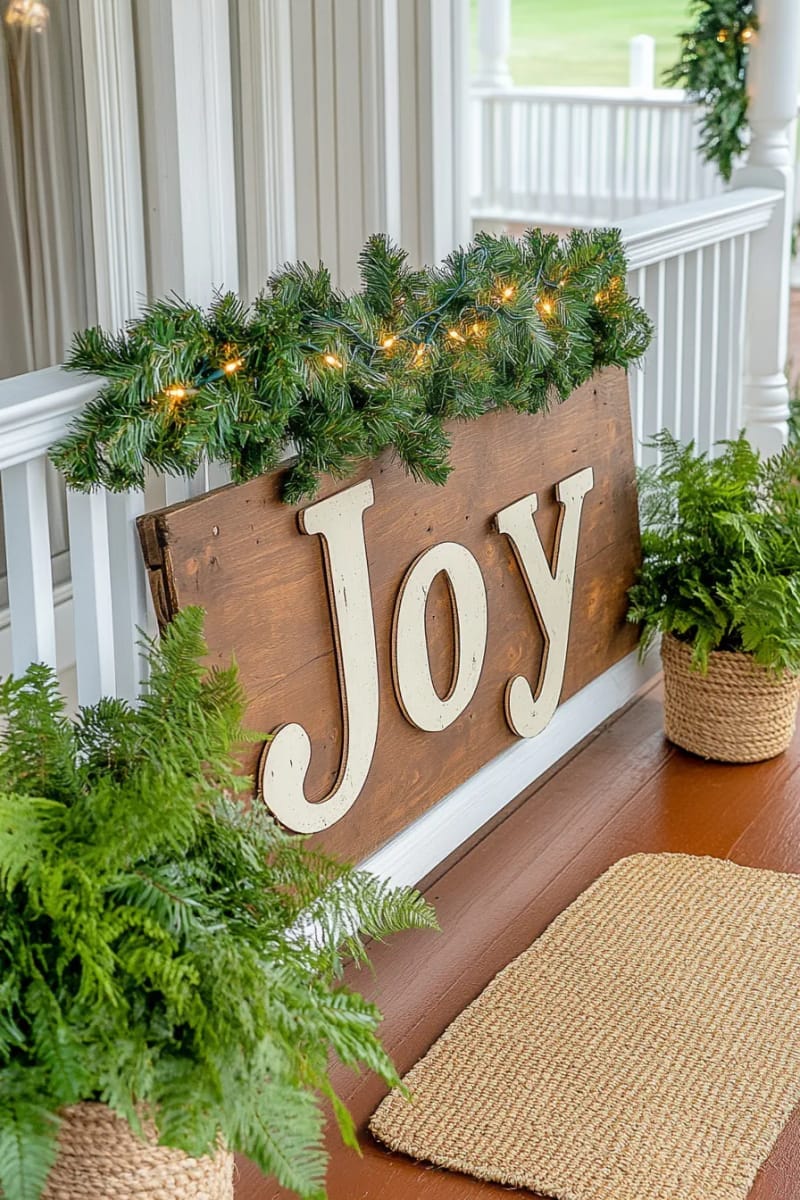 27 Beautiful Christmas Front Door Decor Ideas to Inspire 42 large wooden “joy” sign propped on the porch with greenery 1