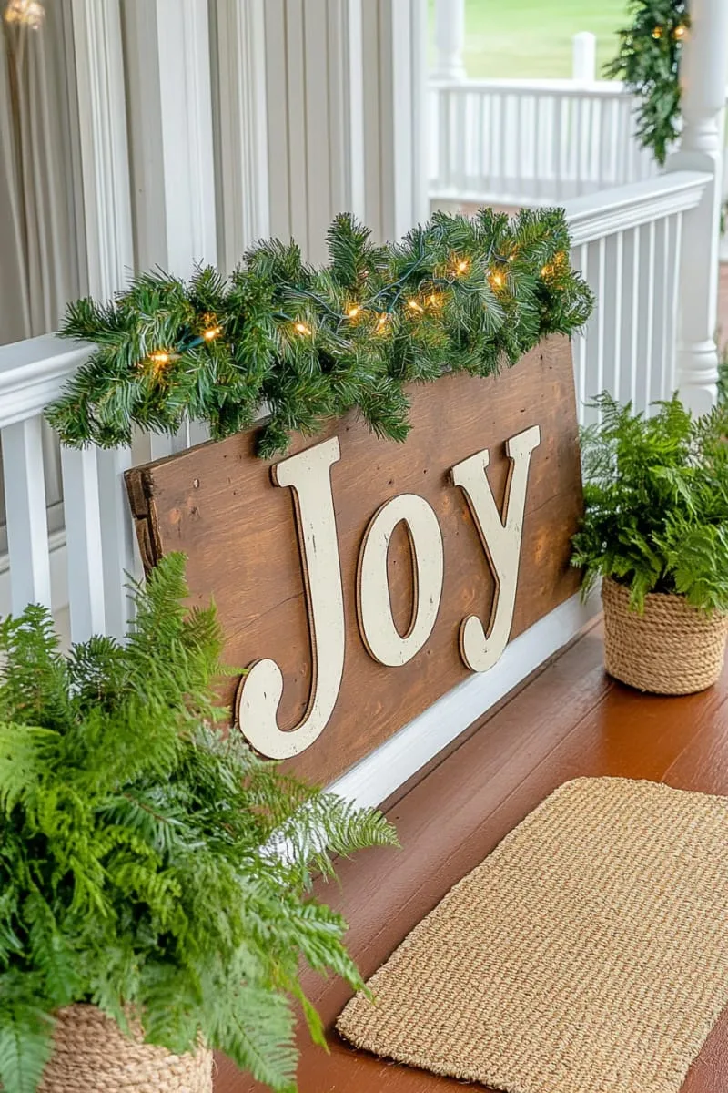 large wooden “joy” sign propped on the porch with greenery 1