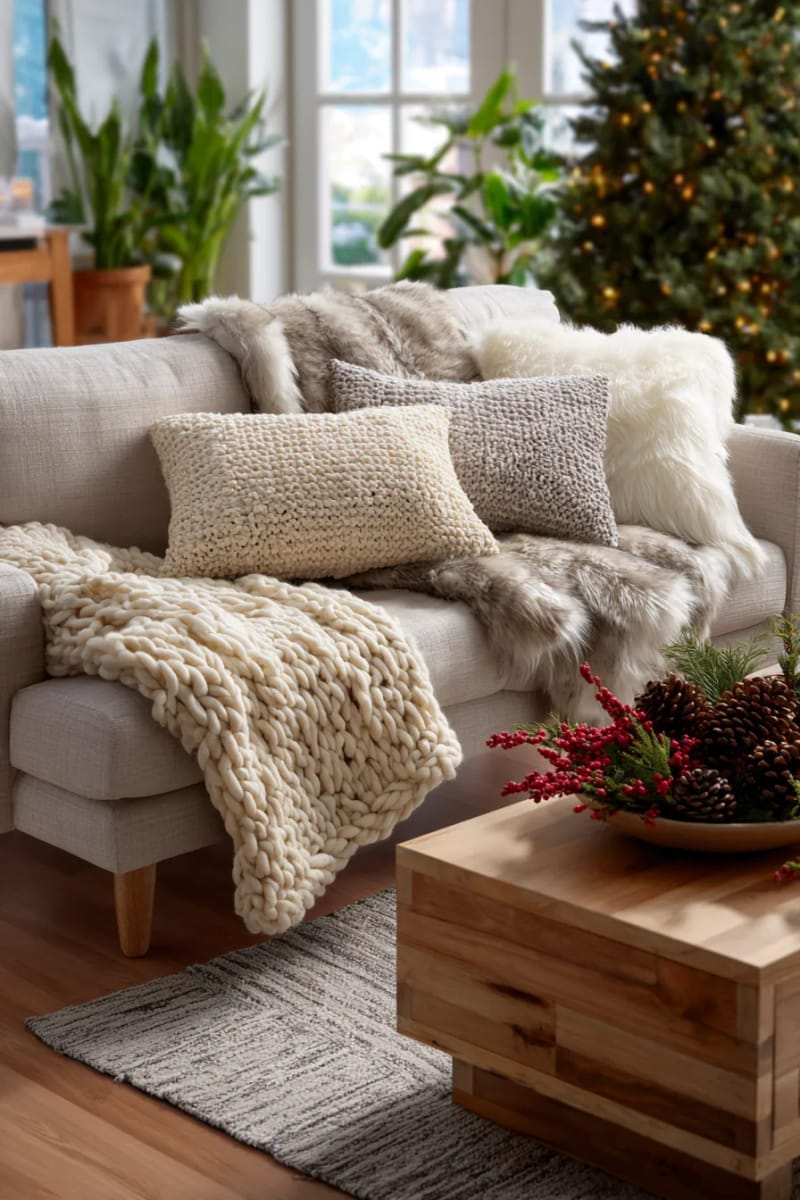 27 Stunning Winter Decor Ideas for a Stylish Retreat 17 layer chunky knit blankets and faux fur throws over your couch for cozy vibes. 1